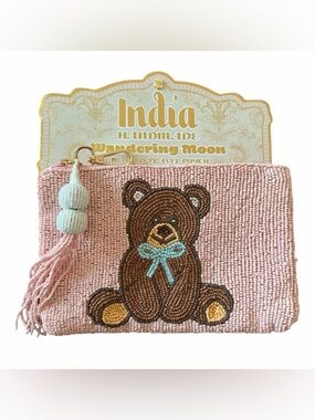 Wandering Moon Pink Beaded Teddy Bear Travel Pouch with blue Bow